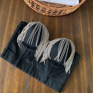 Sparkle / Diamond Fringe Bustier Style Strapless Crop Top